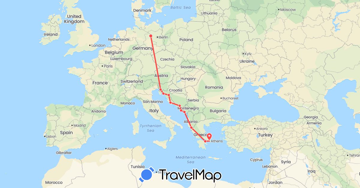 TravelMap itinerary: driving, hiking in Albania, Bosnia and Herzegovina, Germany, Greece, Croatia, Montenegro, Slovenia (Europe)